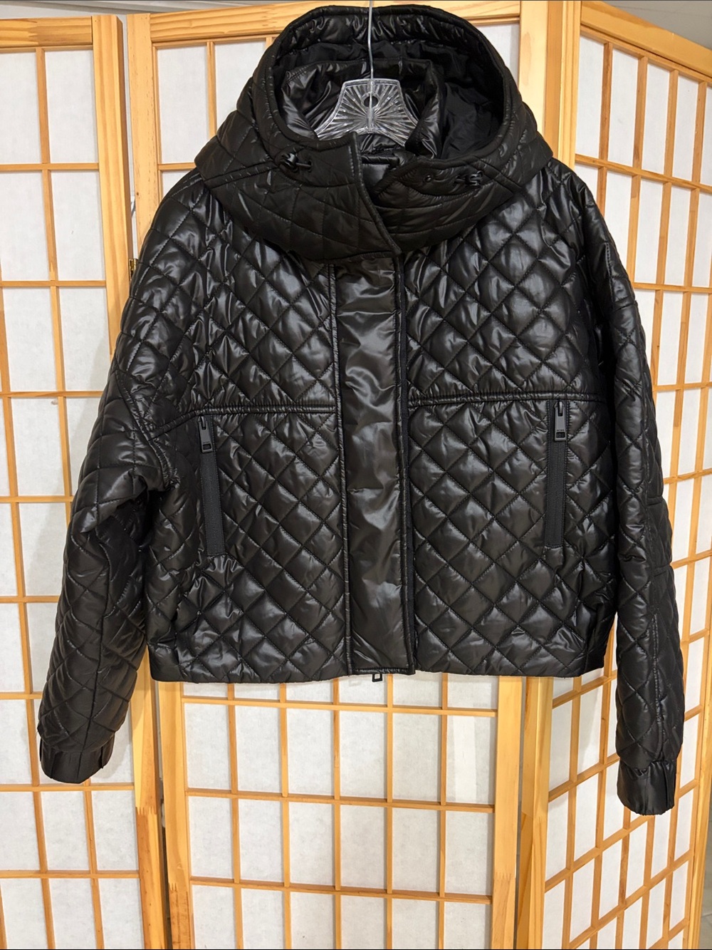BCBG Black Quilted Hooded Puffer Jacket